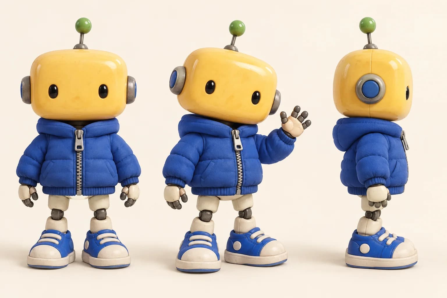 Gele keramische robot in een blauw jasje, vanuit drie aanzichten
