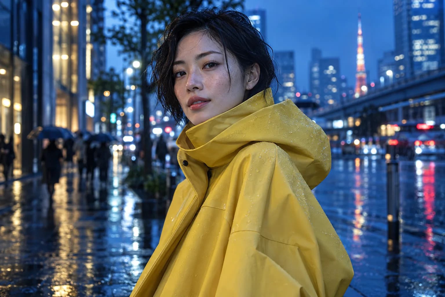 Vrouw in een gele regenjas in een regenachtige, blauw getinte straat in de stad